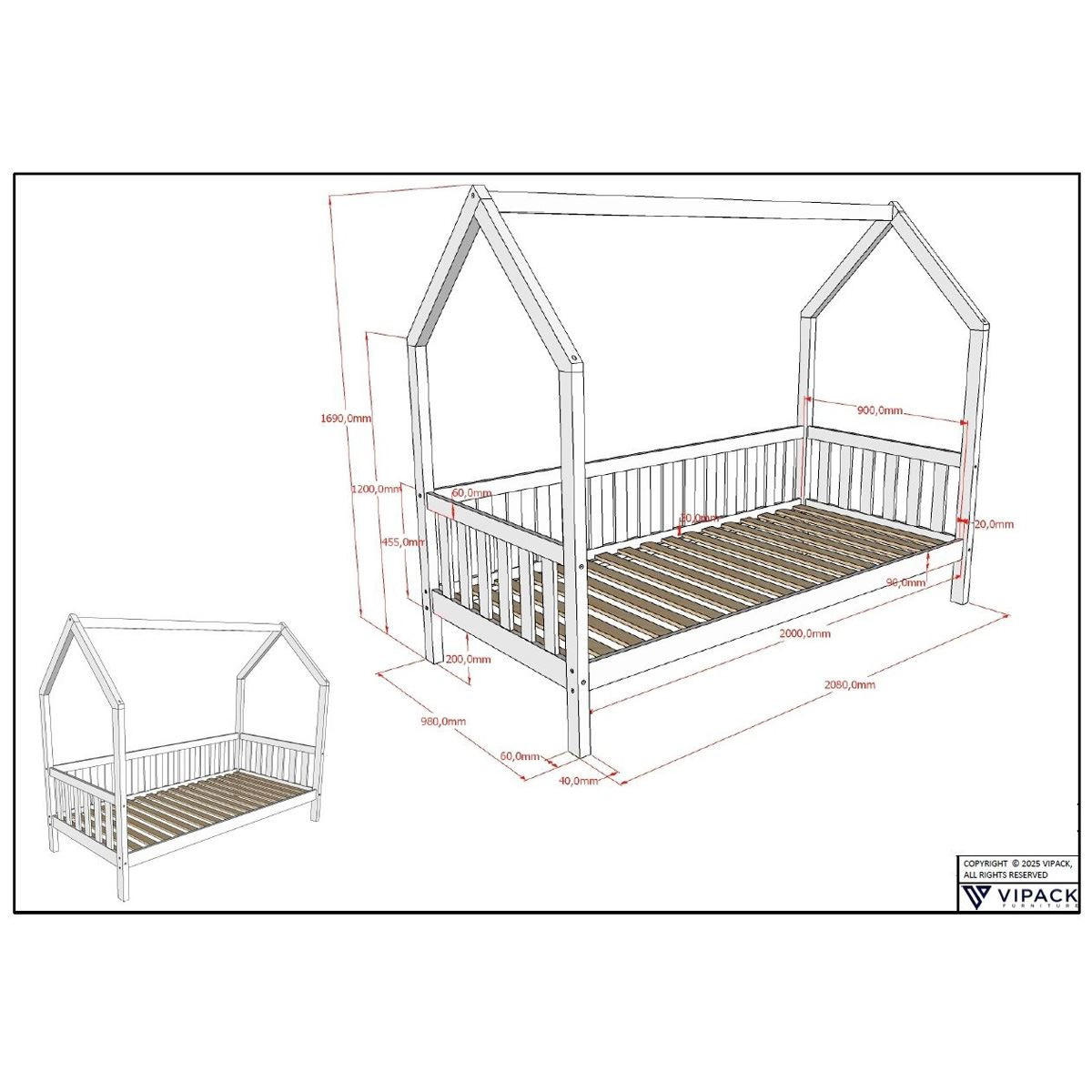 HAUSBETT Kandace 90x200 Kiefer massiv weiß mit Dachaufbau & Schublade - Weiß, Holz (90/200cm) - 58aufmkessel