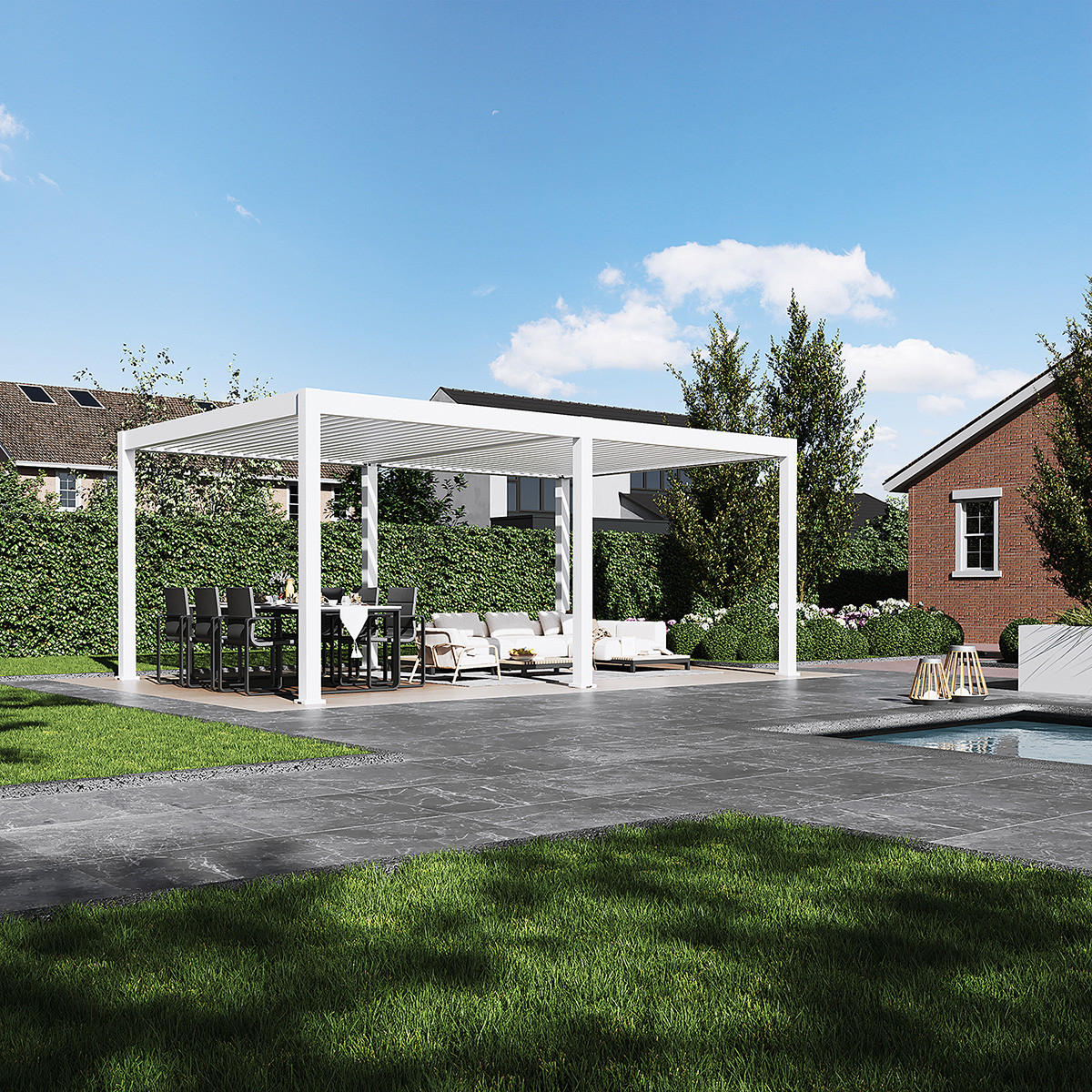 PERGOLA Deluxe Plus elektrisch Pavillon Terrassenüberdachung Alu LED 4 x 6 M - Weiß, Metall (400/255/600cm) - WEIDE