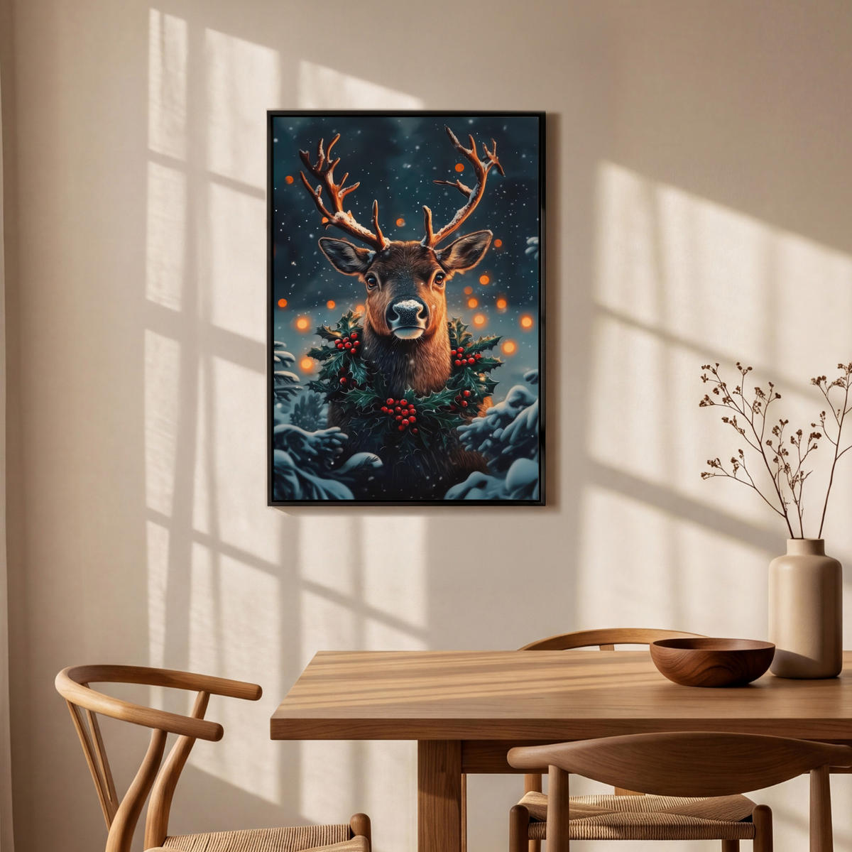 LEINWAND Bilder mit Rahmen - Hirsch - Weihnachten - Winter - Schnee - Weihnachtskranz - 60x90 - Dunkelbraun, Textil (60/90cm) - MuchoWow