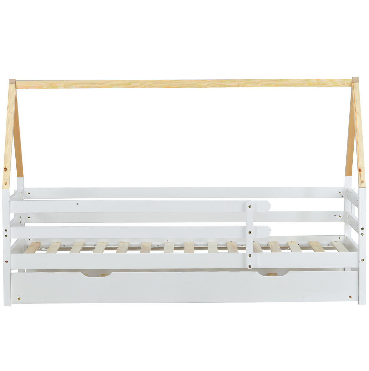 HAUSBETT 90/200 cm mit Ausziehbett, Rundum-Sicherheitsgeländer und Massivholzgestell, Weiß/Natur - Weiß, Holz (90/200cm) - Redom
