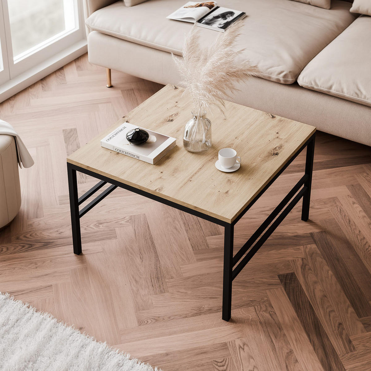COUCHTISCH FORMA 60/60 cm Quadrat, Schwarz / Artisan-Eiche - Schwarz/Eiche Artisan, Metall (60/60/46cm) - Idohome