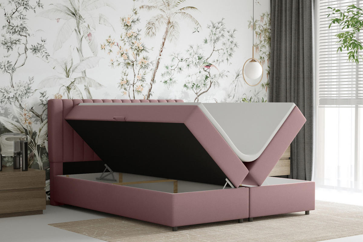 BOXBETT Everest rosa 160 x 200 cm Doppelbett mit hochwertiger Bonell-Matratze und Topper - Rosa, Holz (160/200cm) - Panda Möbel