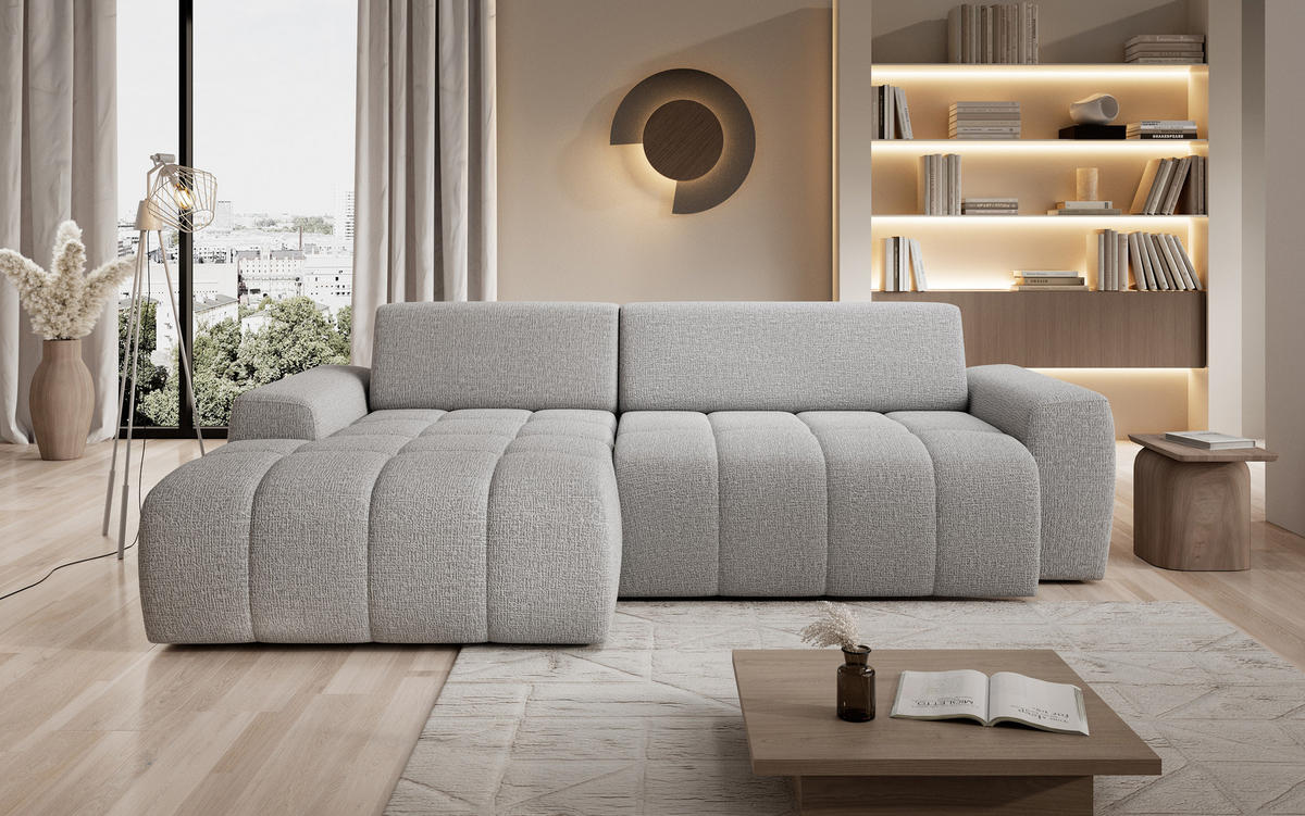 ECKSOFA Savio Freistehend, Mit Abriebfestem Kansas-Stoff, Maße 265x172x81cm, Ausziehbare Sitzfläche 206x92cm, Linke, Esche - Silberfarben, Holz/Textil (172/265cm) - DomoHome