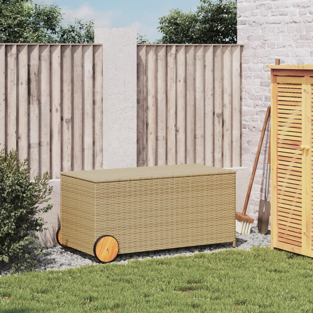 GARTENTRUHE mit Rollen Beige 190L Poly Rattan - Beige, Kunststoff (107/100/55cm) - furnicato