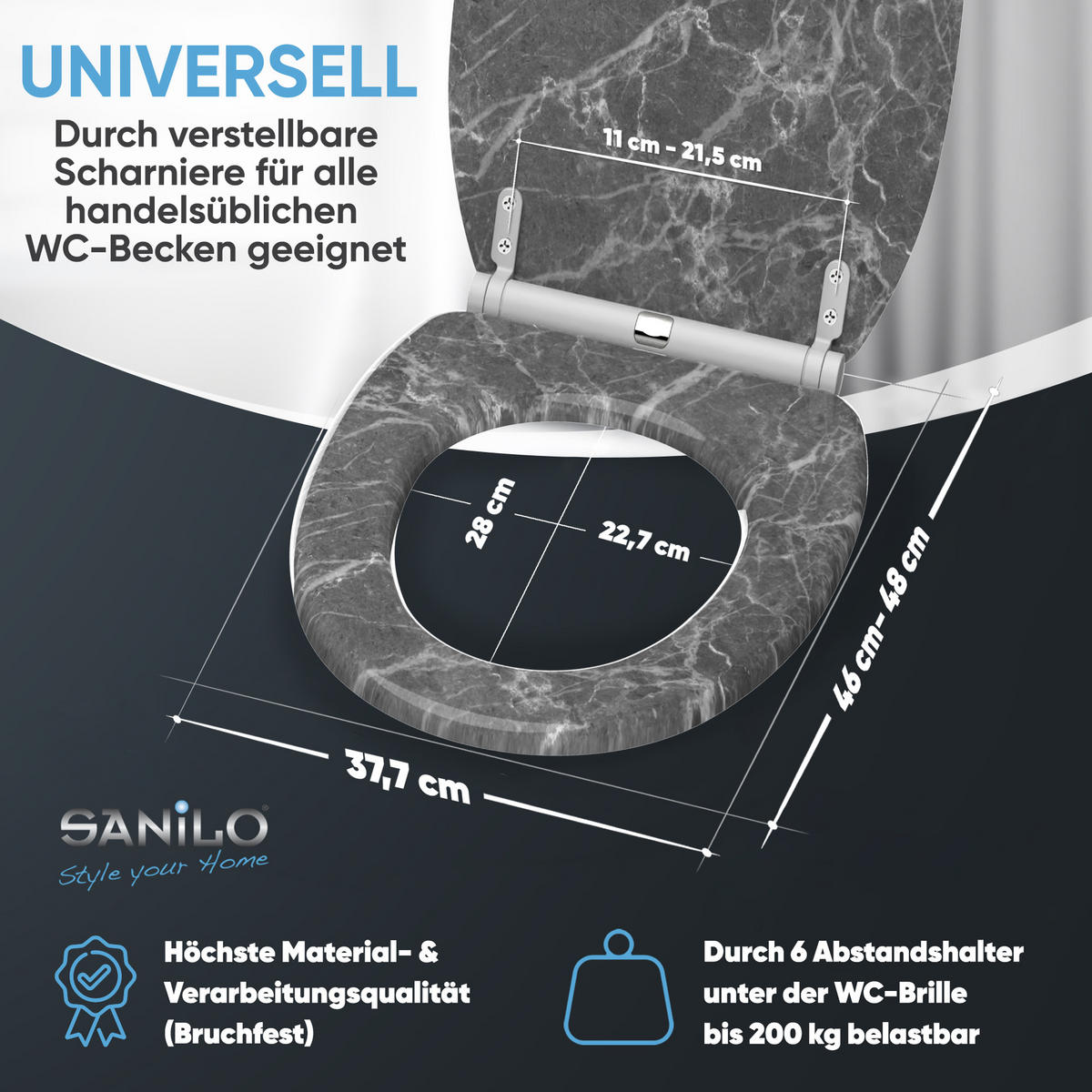 WC-SITZ mit Absenkautomatik & Top Fix Marmor Grau - Grau, Holzwerkstoff (37.7/5.5/48cm) - Sanilo