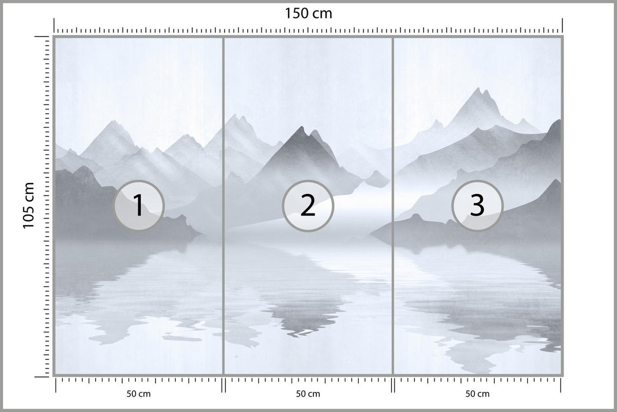 FOTOTAPETE für Wohnzimmer Aquarell Graue Berge See 150x105 - Weiß/Grau, Papier (150/105cm) - Muralo