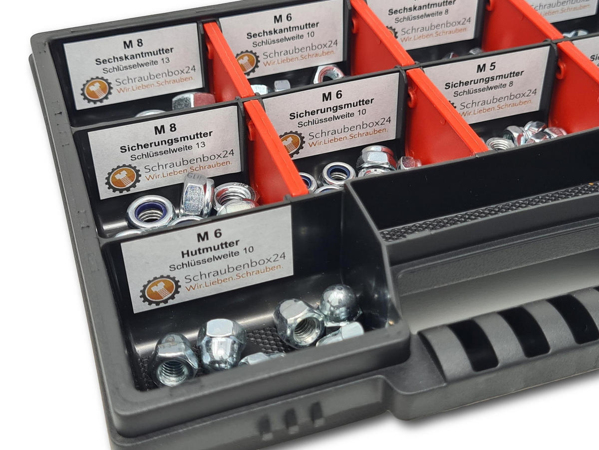 MUTTERN Sortiment M4-M5-M6-M8 235 tlg. Schraubenbox - Zinkfarben, Metall (3.5cm) - Schraubenbox24