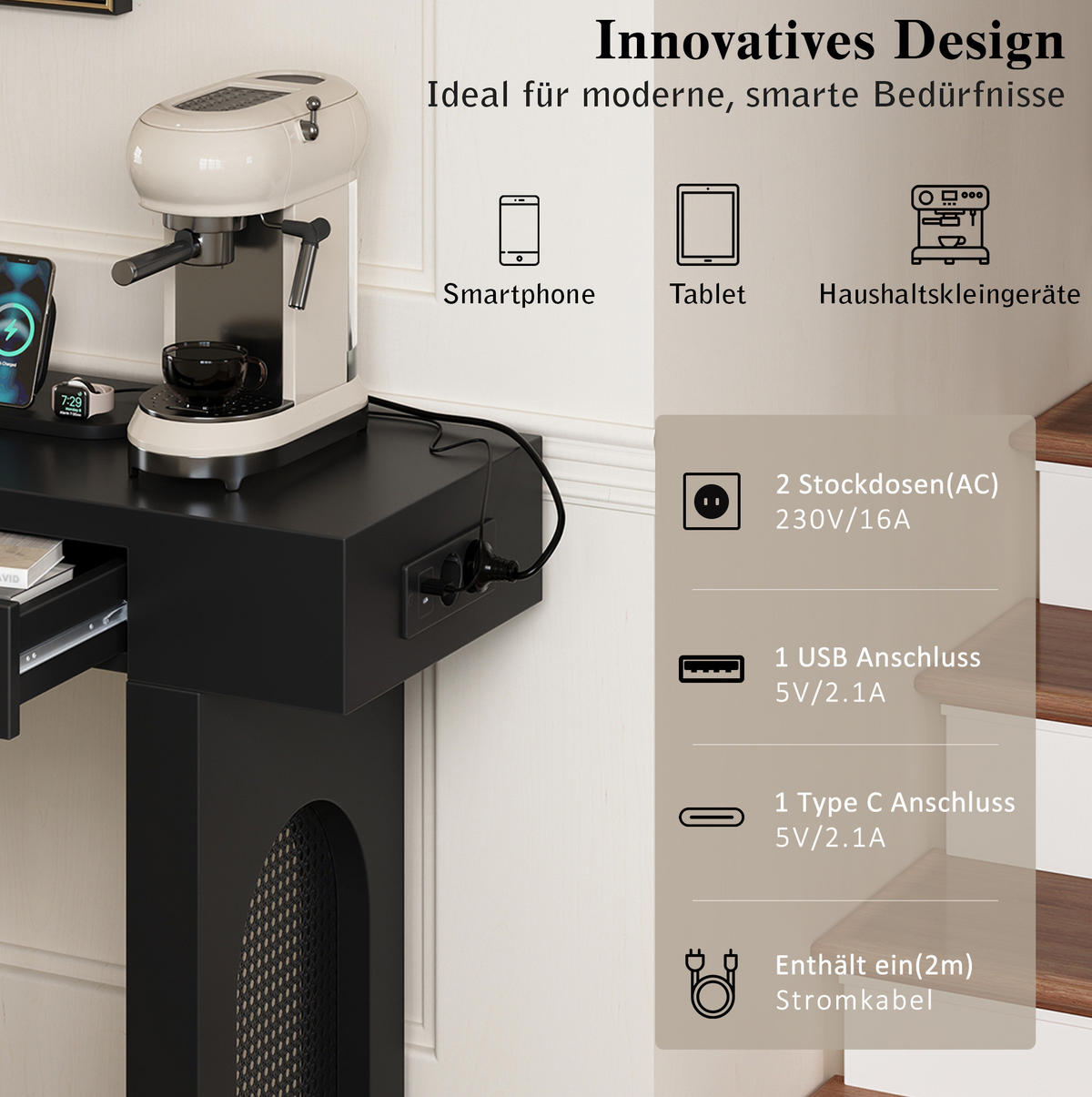 KONZOLNI stol 120/35,5/76,5 cm crni od MDF-a s 2 ladice i utičnicom - crna, drvni materijal (120/35.5/76.5cm) - OKWISH