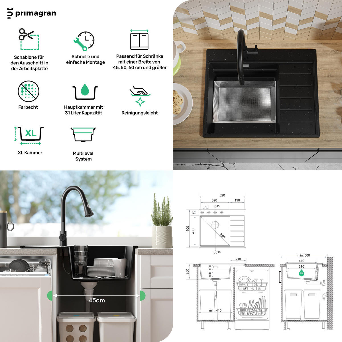 SPÜLBECKEN Sydney, 2-er set Weiß 62/50 cm 1 Becken + Ablauf-Set + Küchenzubehörset ab 45er Unterschrank - Chromfarben/Beige, Kunststoff (62/20/50cm) - Primagran