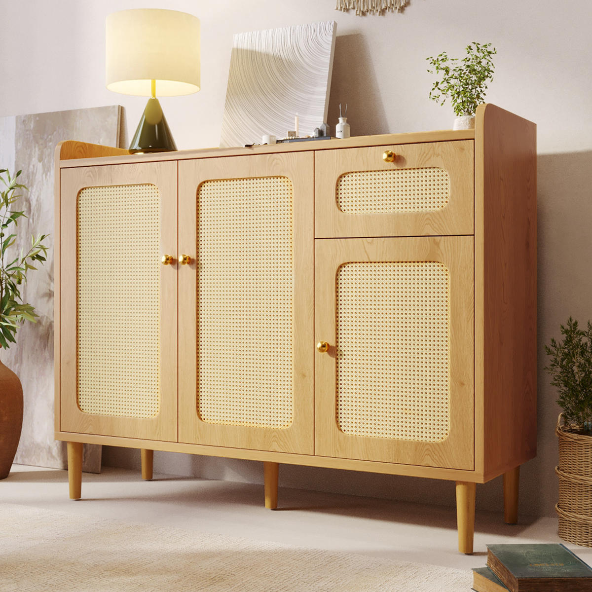 SIDEBOARD 120x40x91 cm Eiche mit Rattan und 3 Türen - Eichefarben, Holz (120/91/40cm) - FLIEKS