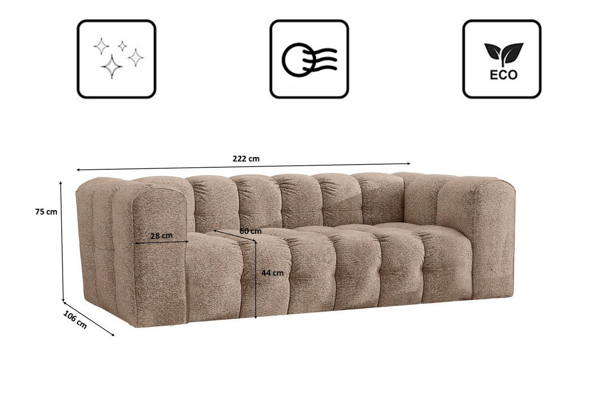 SOFA 3-Sitzer, Komfort, BALOO, Stoff Schenille & Bouclé, Dunkelbeige - Taupe, Holz (222/75/106cm) - Kaiser Möbel