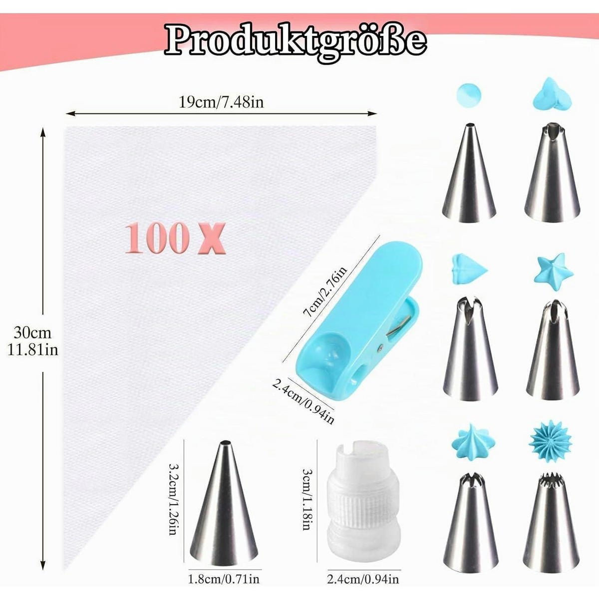 SPRITZBEUTEL Set 100 Stück mit 6 Edelstahl-Tüllen - Transparent, Kunststoff (19/1/30cm)