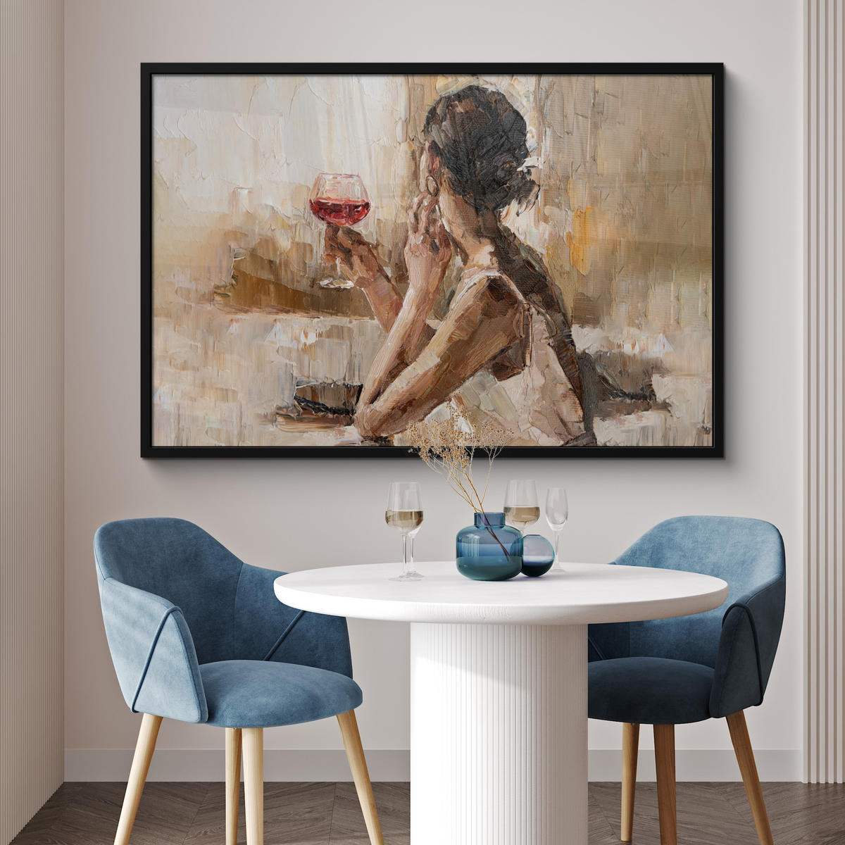ZARÁMOVANÝ PLAGÁT Olejomaľba - Žena - Víno 120x80 cm - svetlohnedá, papier (120/80cm) - MuchoWow
