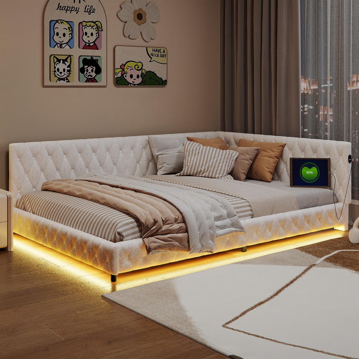 TAGESBETT Polsterbett 140x200 cm, Beige, LED-Beleuchtung und USB-Anschluss - Beige, Textil/Metall (140/200cm)