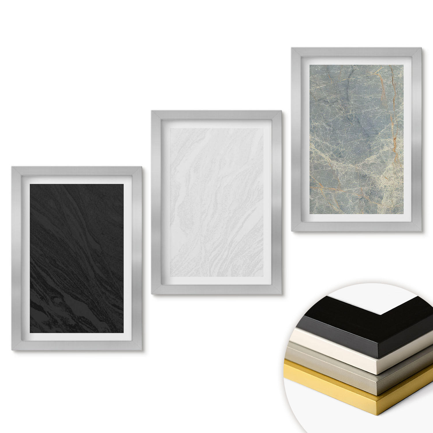 WANDBILDER 3er Set - 20x30 cm Silberner Rahmen - Die Farben eleganter Steinstrukturen - Silberfarben, Kunststoff (20/30cm) - ArtPrintCave