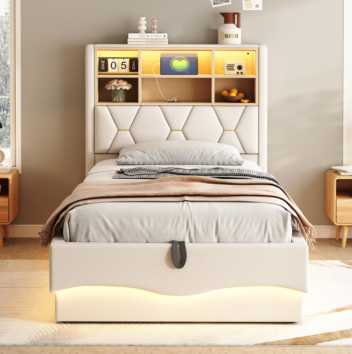 KINDERBETT 90/200 cm in Beige mit Stauraum, LED-Beleuchtung und USB-Anschluss - Beige, Metall (90/200cm) - Flora Grace