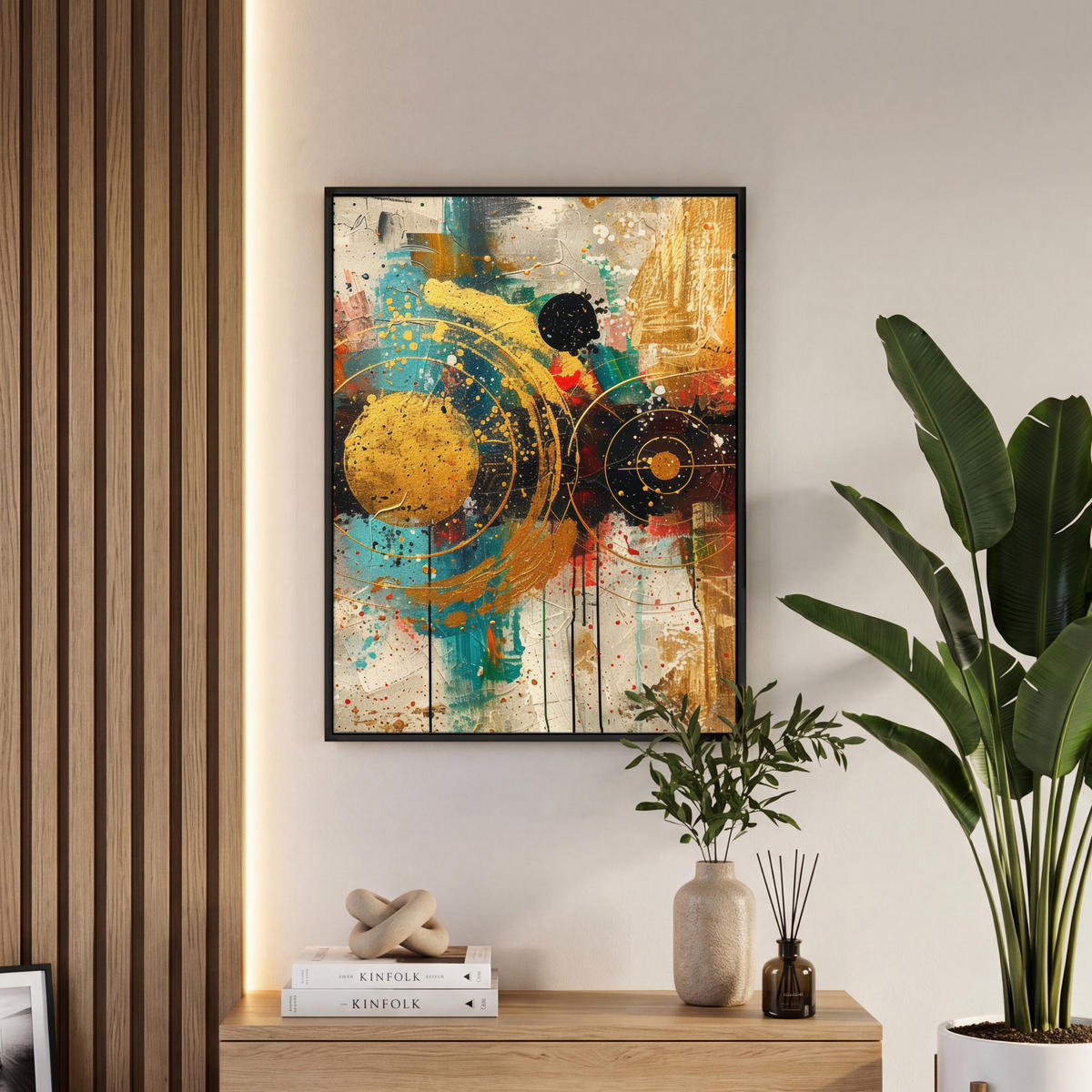 LEINWAND Bilder mit Rahmen - Abstrakt - Kunst - Gold - Modern - 50x70 - Multicolor, Textil (50/70cm) - MuchoWow