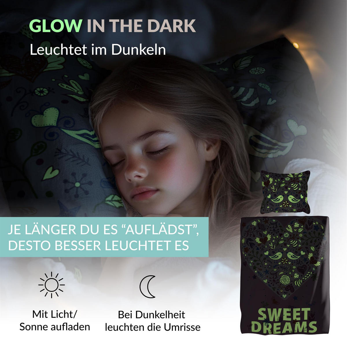 KINDERBETTWÄSCHE 135x200 cm Herz Rosa Mädchen aus 100% Baumwolle - Leuchtet um Dunkeln - Rosa, Textil (135/200cm) - Carpe Sonno