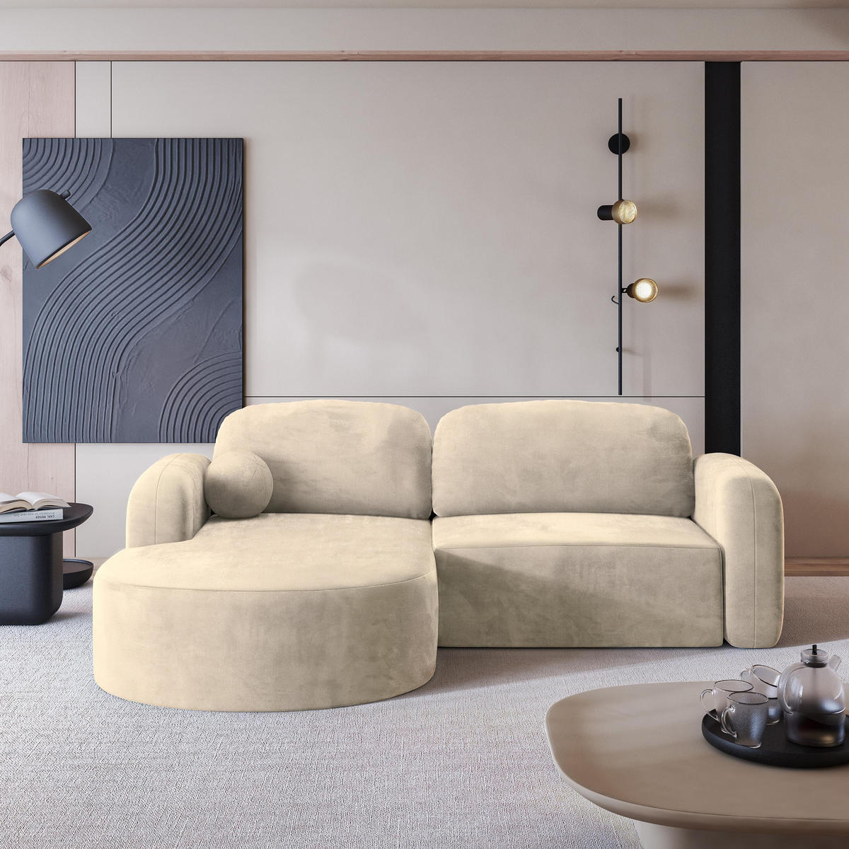 ECKSOFA AMILIA M L-S Creme Velours-Stoff mit Schlaffunktion - Creme, Holz (263/174cm) - MASSENO