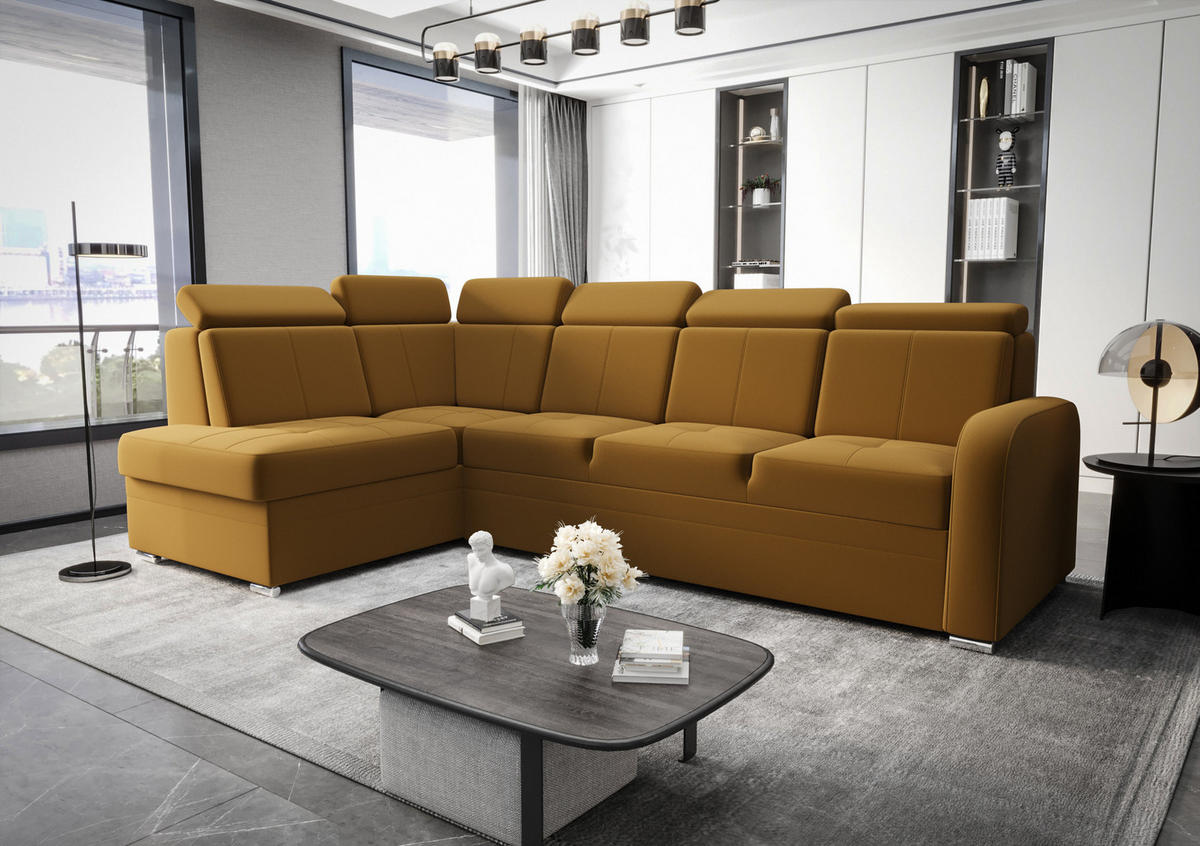 ECKSOFA KONGO RBN11, Eckcouch in L-Form mit Schlaffunktion, Farbe: Gelb, Velourstoff, Ottomane Links - Gelb, Textil (304/180cm) - O-Sofa