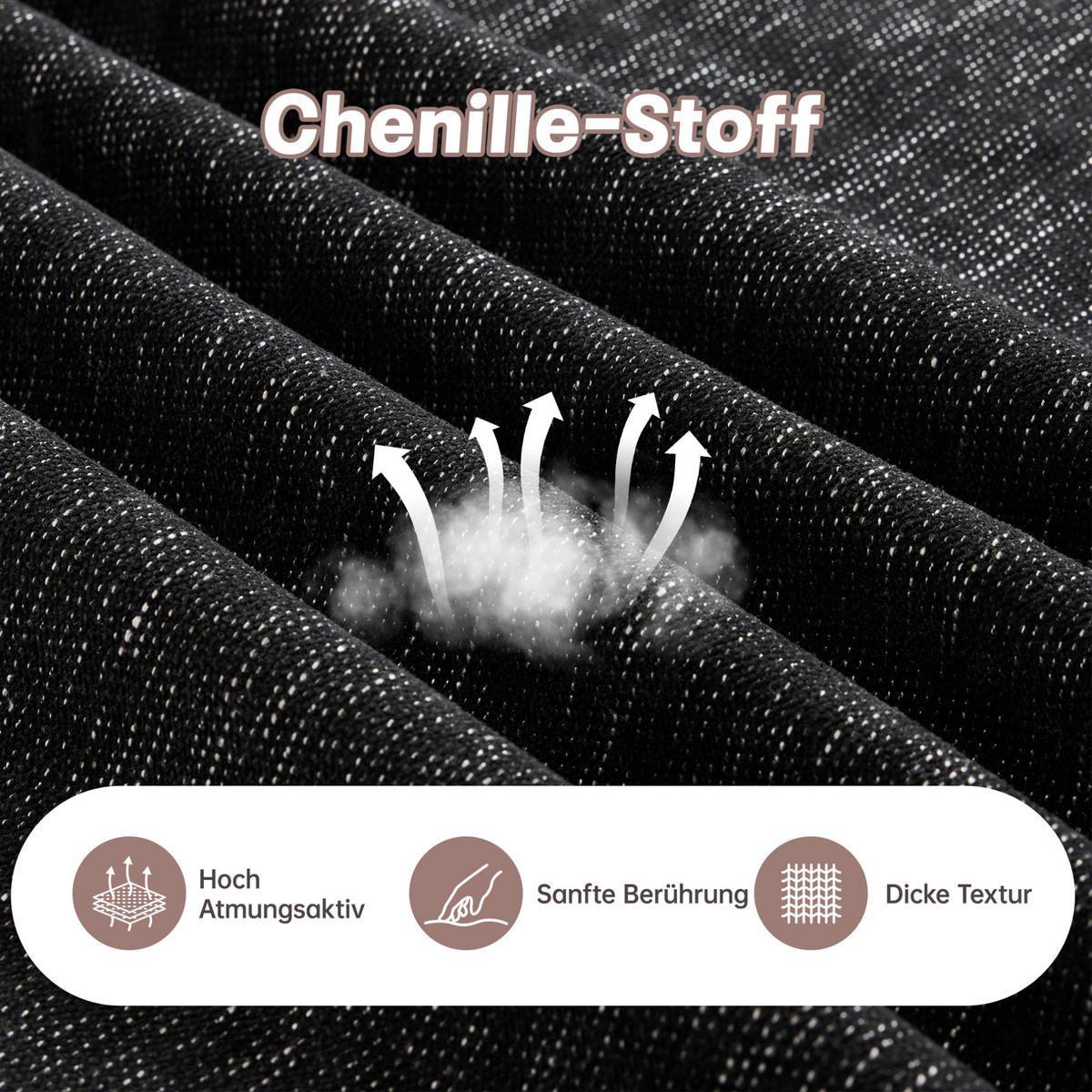 ECKSOFA 350/140/93 cm schwarz aus Chenille mit Rüschenrock und beweglichem Hocker - Schwarz, Textil (140/350cm) - OKWISH