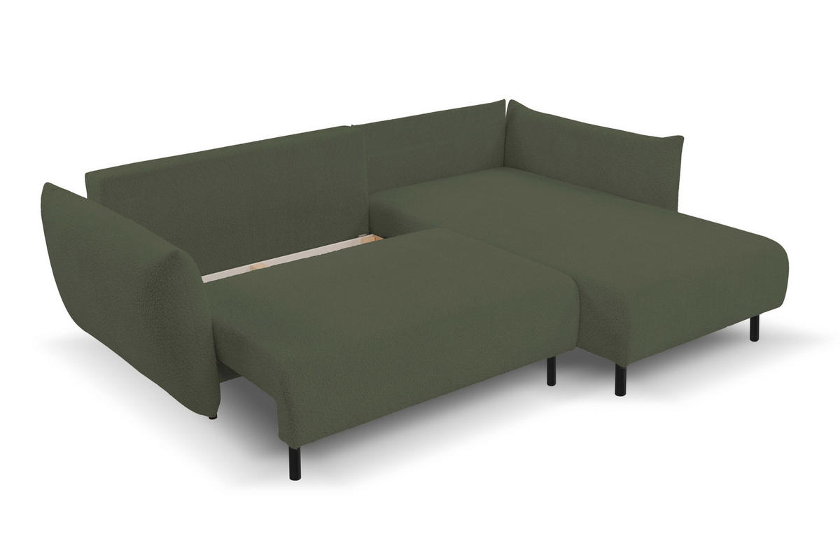 ECKSOFA ADEL mit Schlaffunktion und Bettkasten, L-förm, Metallbeine, verstellbar lose Rückenkissen, freistehend, RECHTS, 257x171x90 cm, Green - Grün, Holz/Textil (257/171cm) - DomoHome