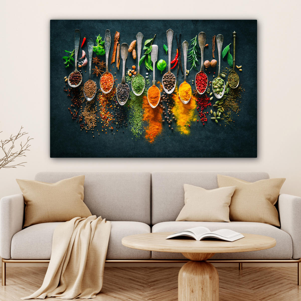 LEINWANDBILD Kräuter - Gewürze - Löffel Wohnzimmer Groß 120x80 cm - Currygelb, Textil (120/80cm) - MuchoWow