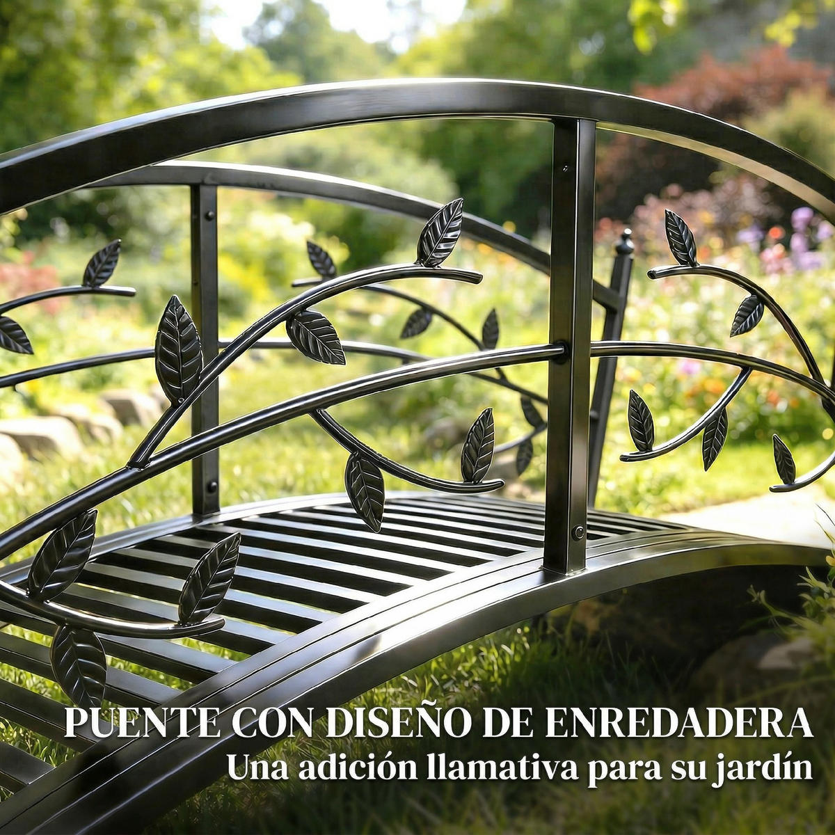 GARTENBRÜCKE,METALL Teichbrücke 1,2m Blattdekor,schwarz - Schwarz, Metall (120/51/47cm) - Vallsero