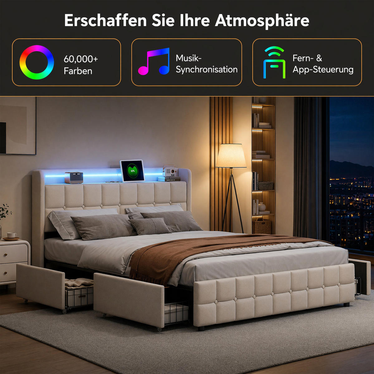 POLSTERBETT 140x200 mit Stauraum, Bettgestell 140x200 mit 4 Schubladen, Kopfteil mit USB und LED, Lattenrost, Bezug aus Leinen, Beige - Beige, Holz/Holzwerkstoff (140/200cm) - GENKI LIVING
