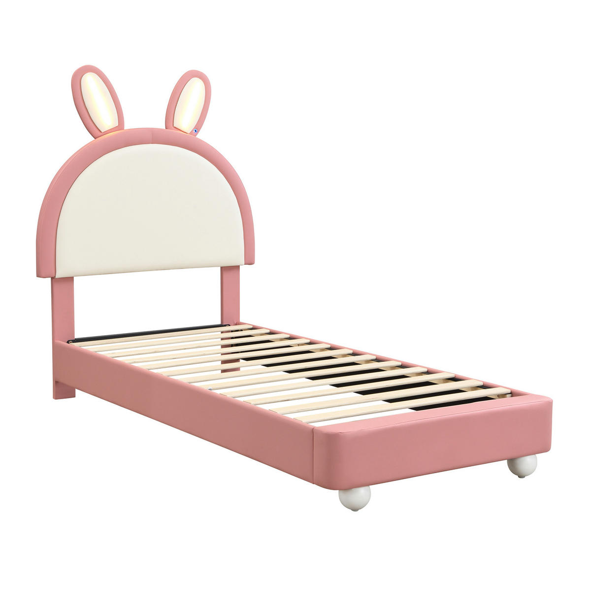 POLSTERBETT 90/200 cm Rosa+Weiß aus PU mit LED und Hasen-Kopfteil - Weiß, Kunststoff (90/200cm) - OKWISH