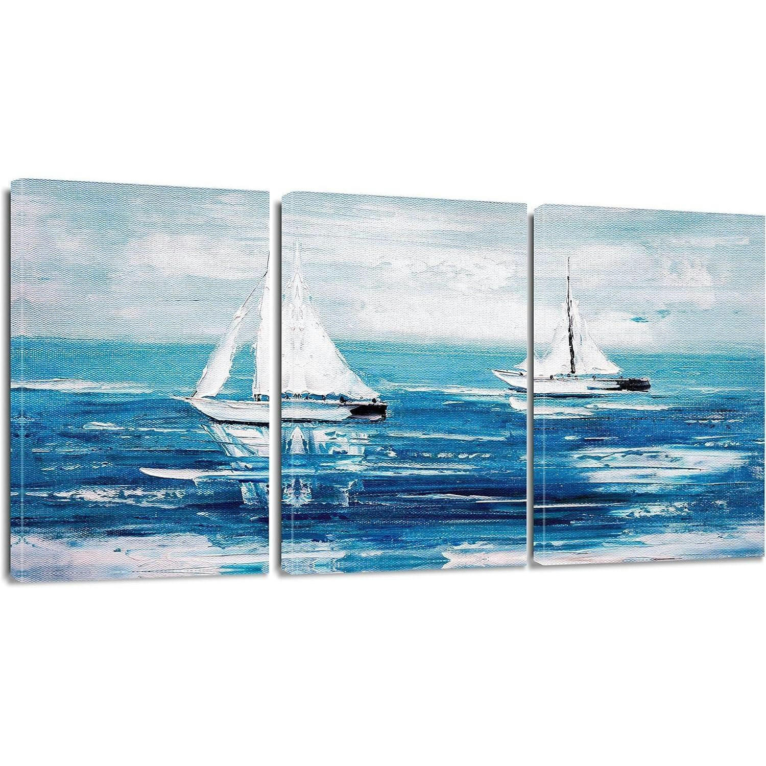 LEINWANDBILD 3-teiliges Set Blauer Ozean und Segelboot 30 x 40 cm - Blau, Textil (40/0.5cm)