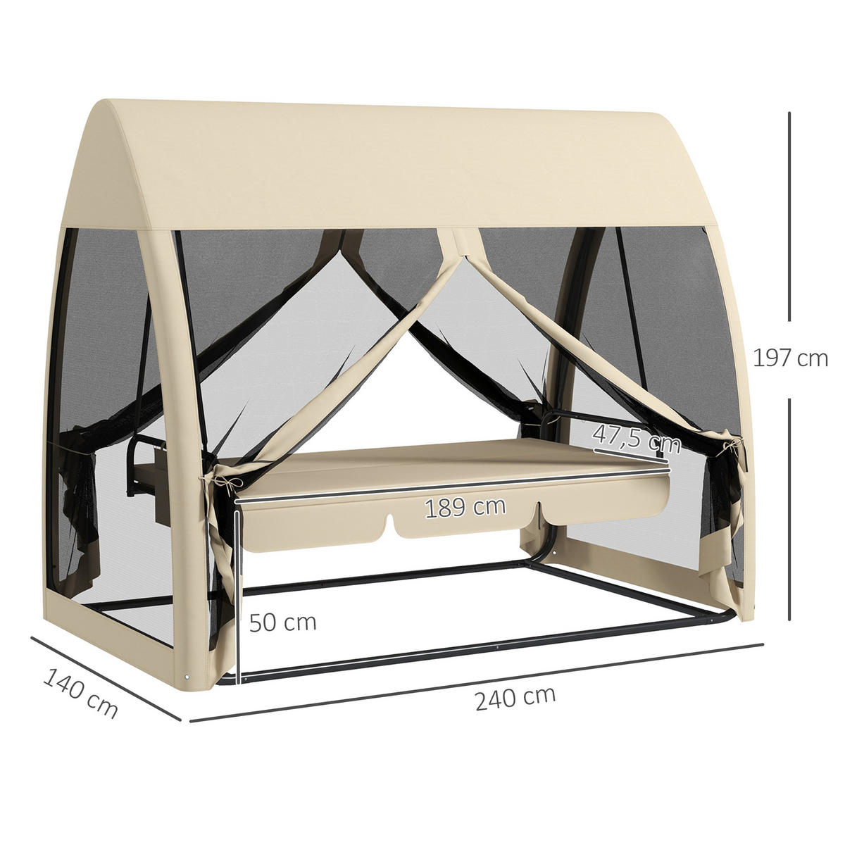 HOLLYWOODSCHAUKEL mit Liegefunktion 3-Sitzer - Beige, Metall (140/197/240cm) - Outsunny