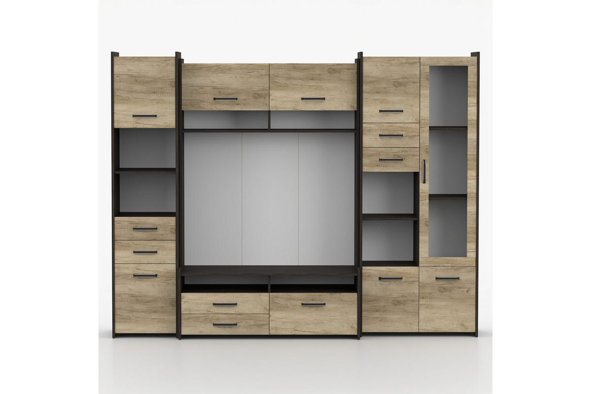 WOHNWAND MAURO MINI 232 cm in Eiche Canterbury / Eiche Country Grey - Eichefarben, Holzwerkstoff (232/190/53cm) - Deine Möbel 24