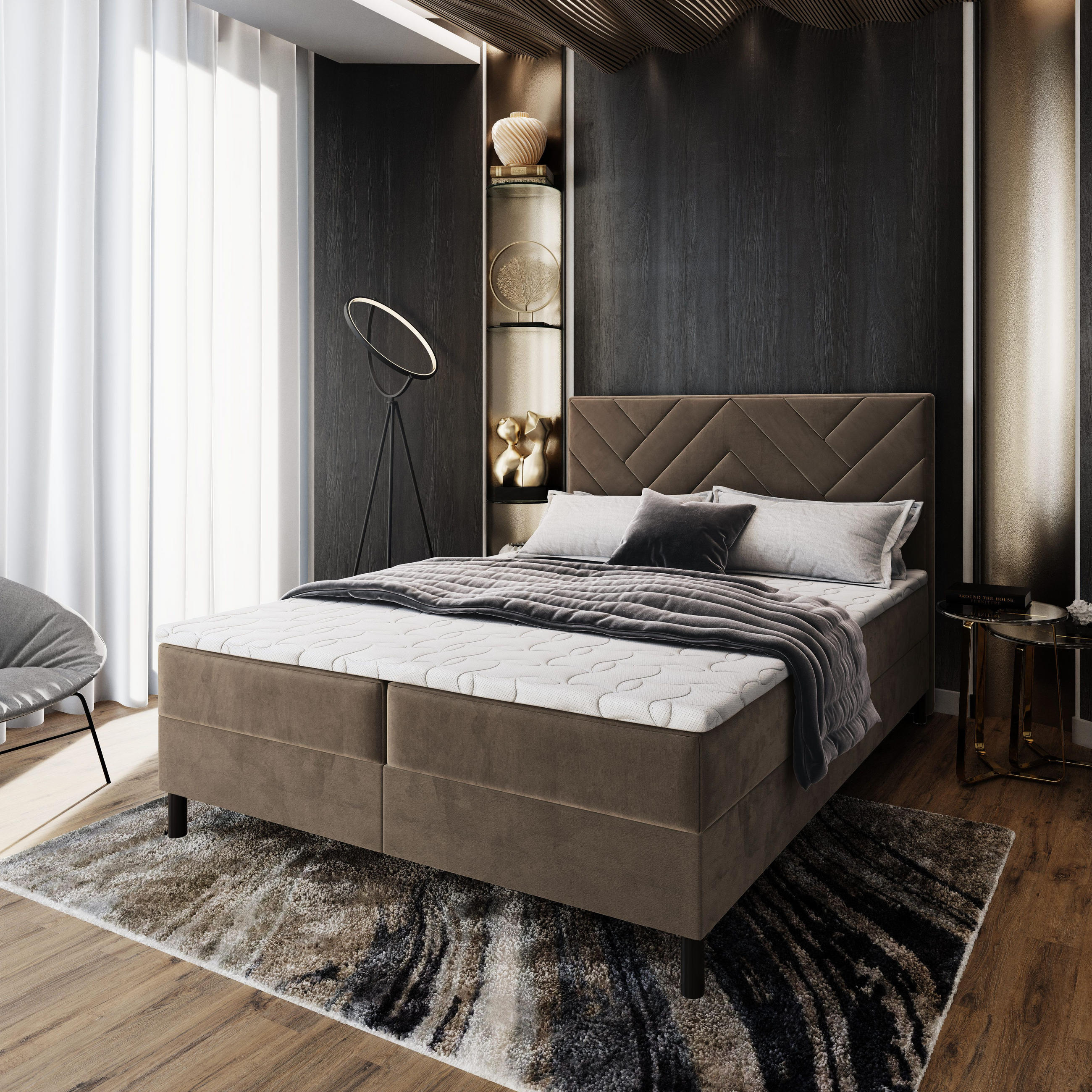 BOXBETT ROKIS 160x200 cm mit Matratze und Topper - Beige - Beige, Holz (160/200cm) - MASSENO