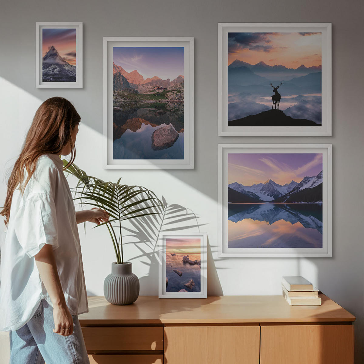 BILDER SET 5er Set - 50x50 cm & 20x30 cm & 40x60 cm Weißer Rahmen - Landschaften Berge Seen jelen - Weiß, Kunststoff (40/60cm) - TULUP