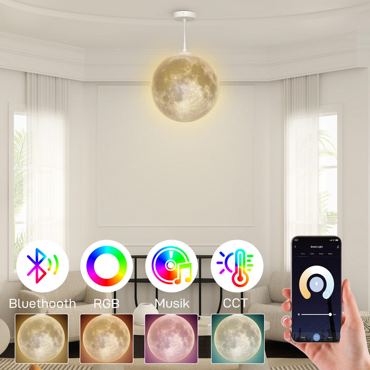 PENDELLEUCHTE mit APP-Steuerung, Cremeweiß - Weiß, Kunststoff (30/30/30cm) - HOMCOM
