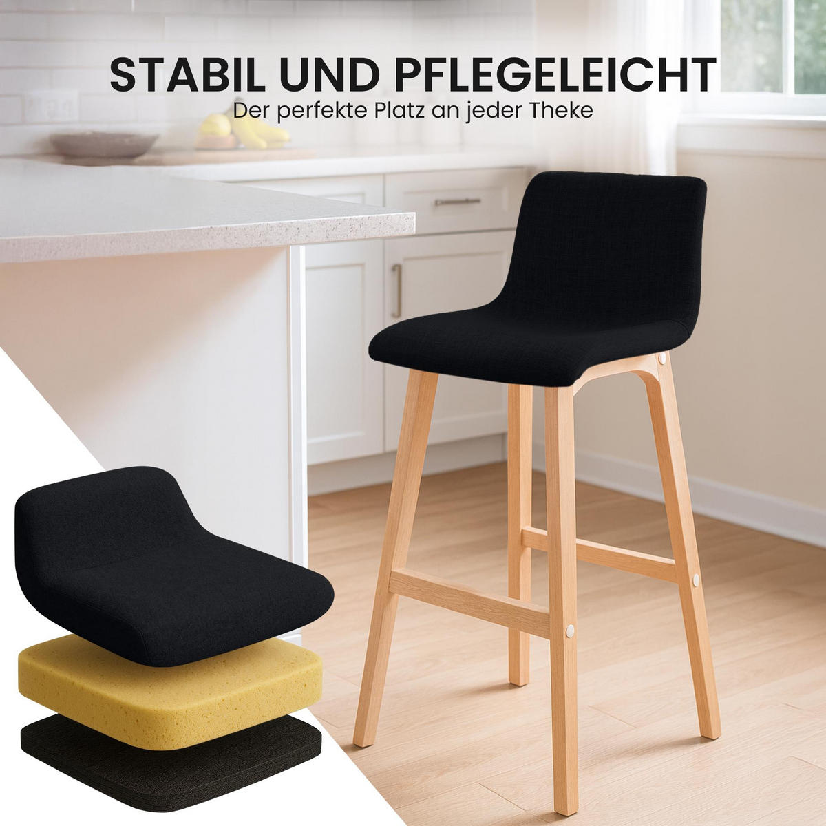 BARHOCKER 2er Set Stoff schwarz - Eukalyptusholzfarben/Schwarz, Holz/Textil (41/102/46cm) - CLP