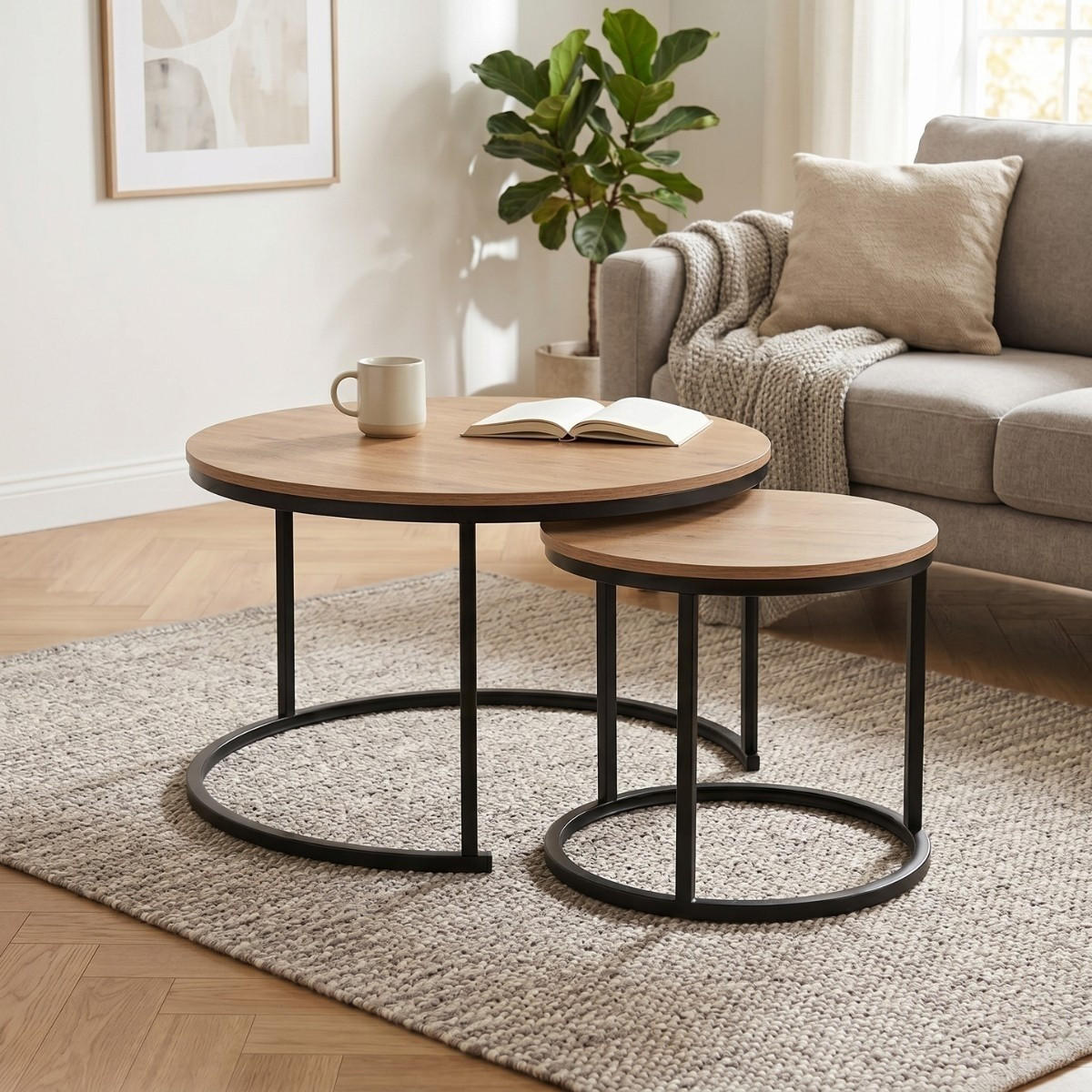 SET med 2 runda hopfällbara soffbord, 70 cm långa - LENNY - Beige, Träbaserade material (70/70/45.5cm) - Calicosy