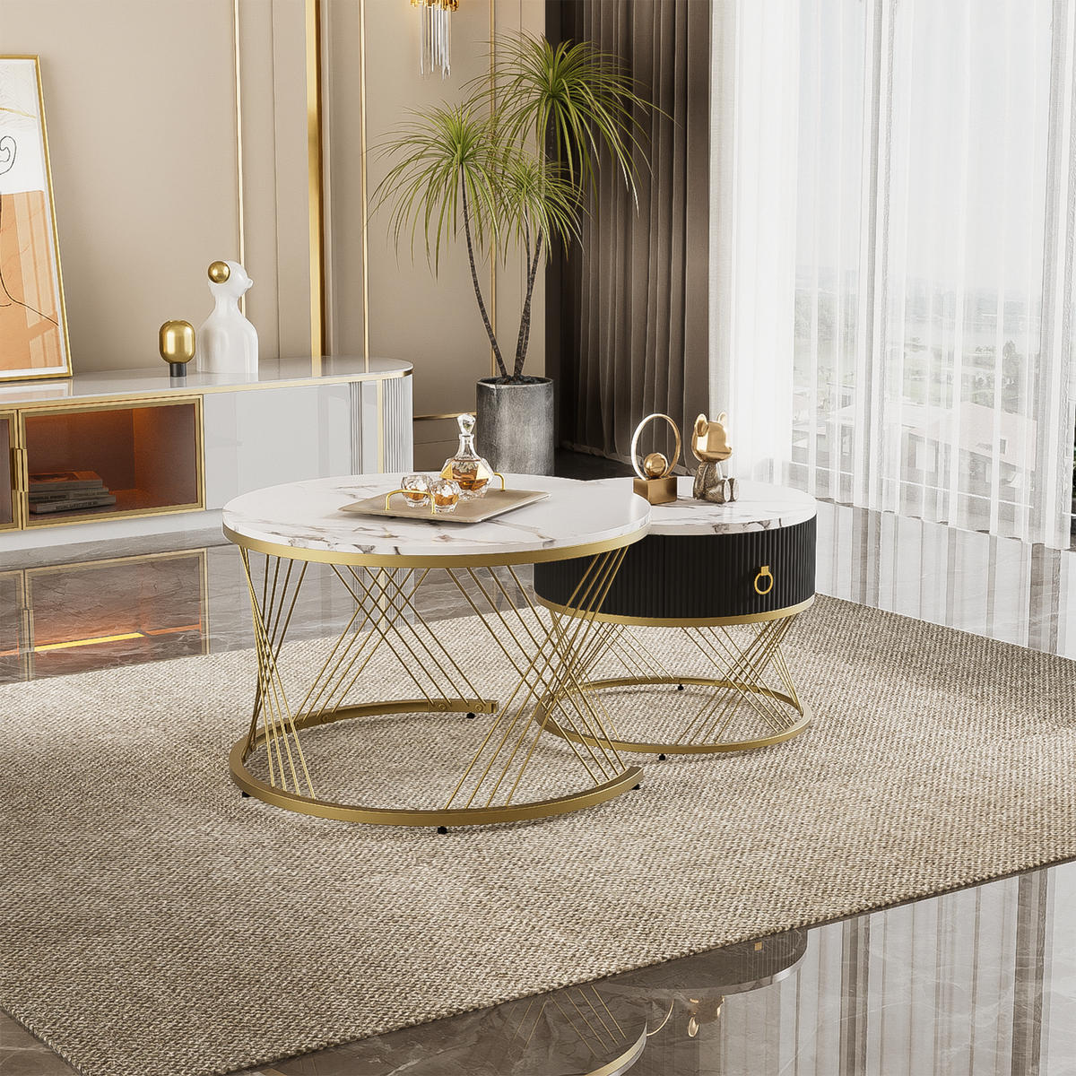 COUCHTISCH-SET Schwarz Gold mit Schublade und Akzenten - Weiß, Metall (70/70/45cm)