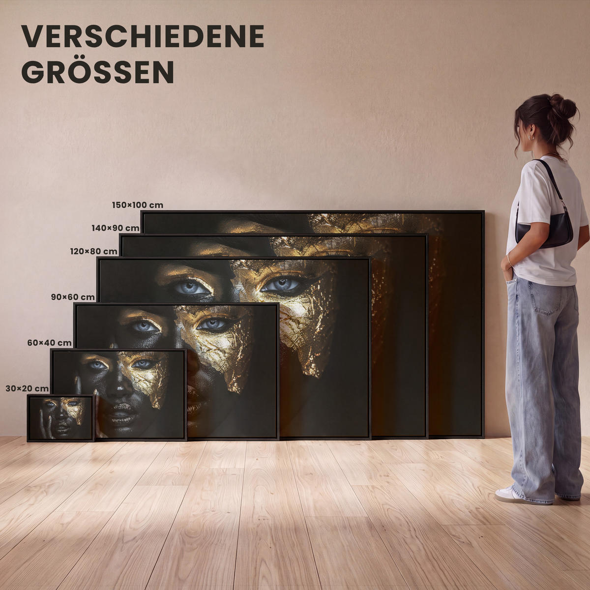 LEINWAND Bilder mit Rahmen - Frau - Gold - Porträt - Schwarz-Weiß - Luxus - 140x90 - Hellblau, Textil (140/90cm) - MuchoWow