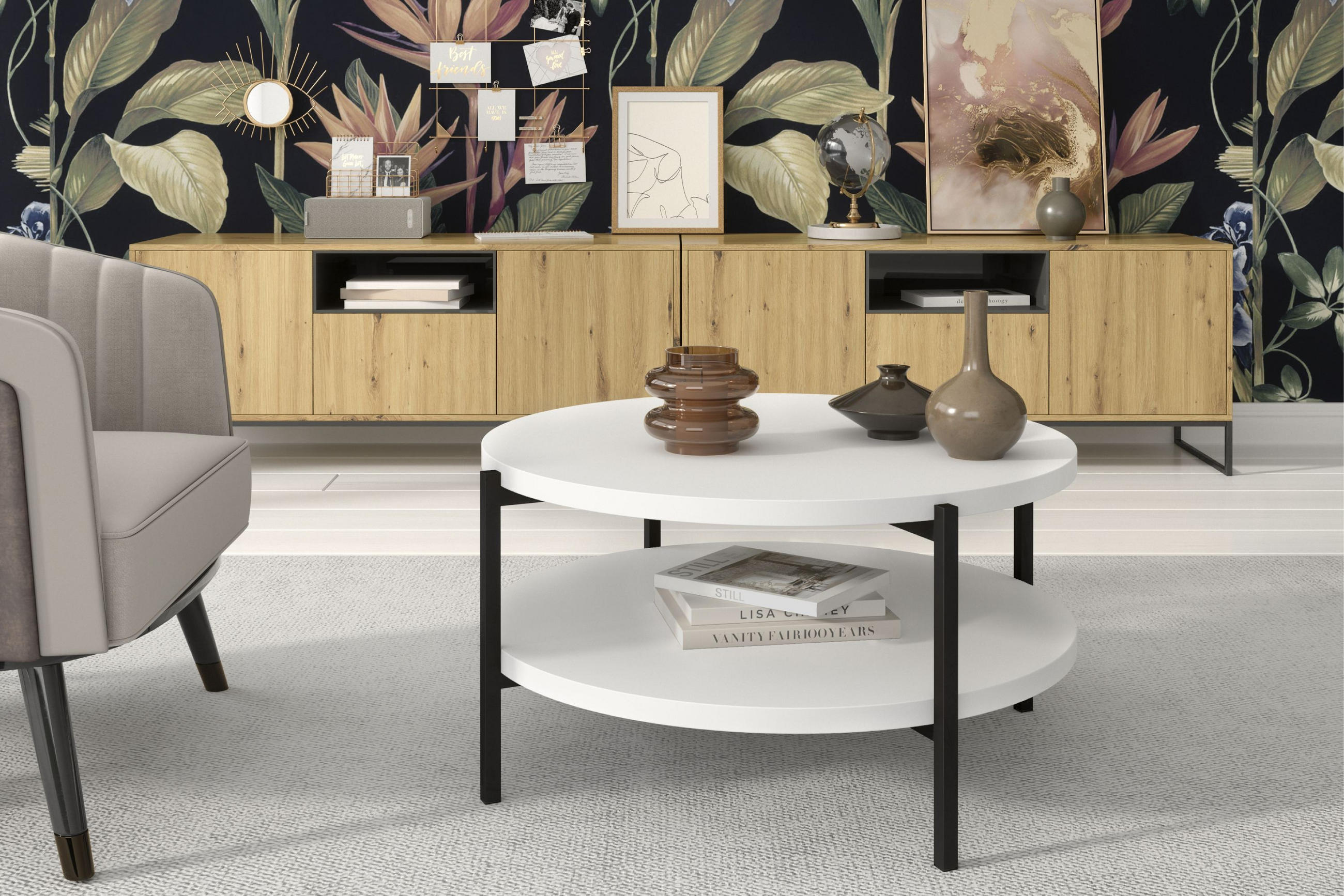 COUCHTISCH GERIS mit Ablageboden, Spanplatte, weiß - Schwarz/Weiß, Holz/Metall (85/85/43cm) - KONSIMO®