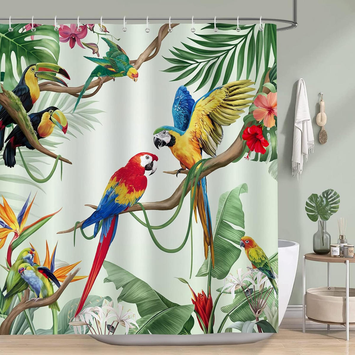 DUSCHVORHANG tropisch Vögel Blatt Grün schimmelresistent wasserdicht waschbar Badezimmer mit Haken - Multicolor, Textil (180/180cm) - MCBOSON