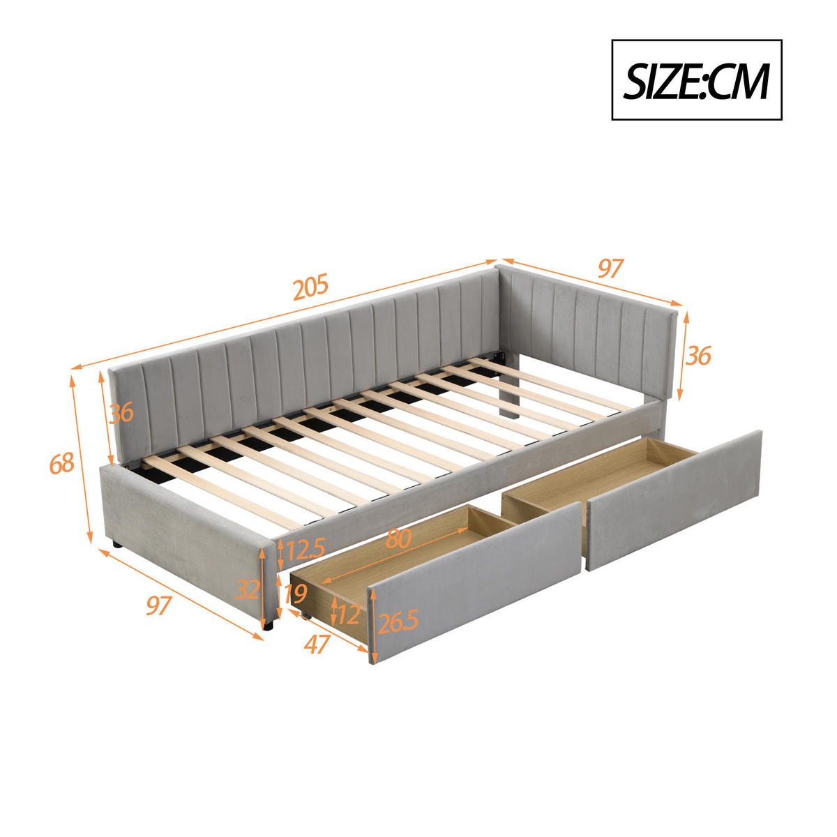 POLSTERBETT 90/200 mit 2 Stauraumschubladen Samt Grau 205/97/68 cm - Grau, Leder (90/200cm) - OKWISH