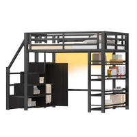 HOCHBETT 140/200 cm aus Metall und MDF mit Kleiderschrank, Stauraumtreppe und LED-Beleuchtung Schwarz - Schwarz, Holzwerkstoff (140/200cm) - Modenvie