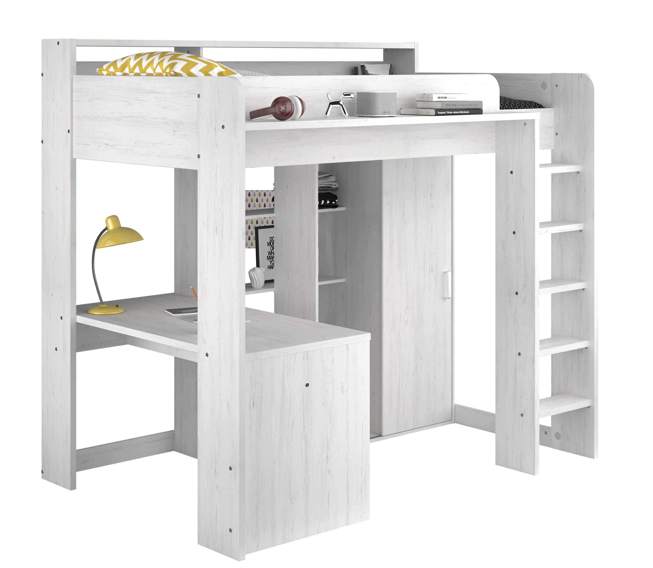 HOCHBETT Higher von Parisot Jugendbett 90 x 200 cm in Kiefer Hell komplett Set mit integriertem Schreibtisch und Kleiderschrank - Grau, Holzwerkstoff (90/200cm) - Calicosy