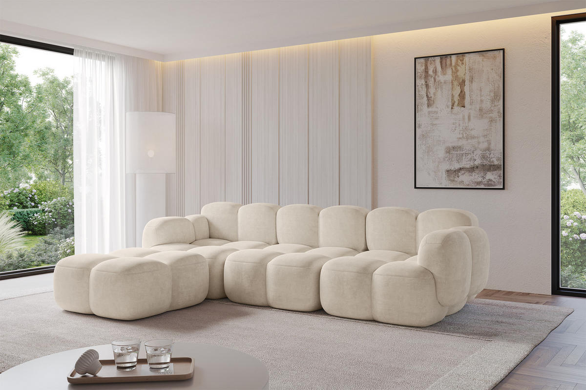 POUF Miko-Puf 90x90x45 cm Beige Velours Modular Sitzhocker - Ecru/Schwarz, Holzwerkstoff/Kunststoff (90/43/90cm) - ALTDECOR