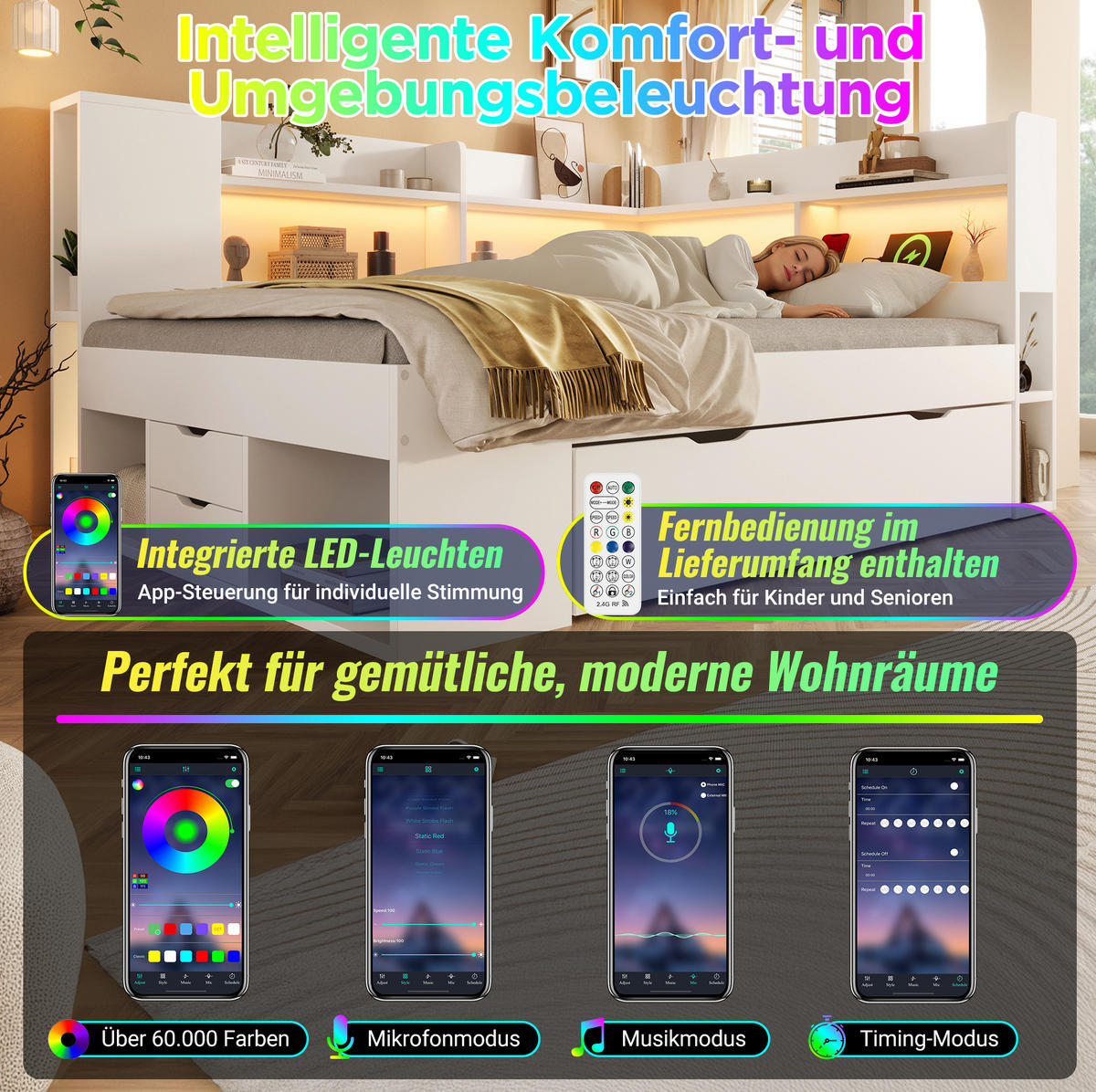 POLSTERBETT 90/200 cm aus Holzwerkstoff mit LED-Beleuchtung, USB- und Typ-C-Anschluss, Stauraum und Lattenrost, Weiß - Weiß, Textil (90/200cm) - Redom