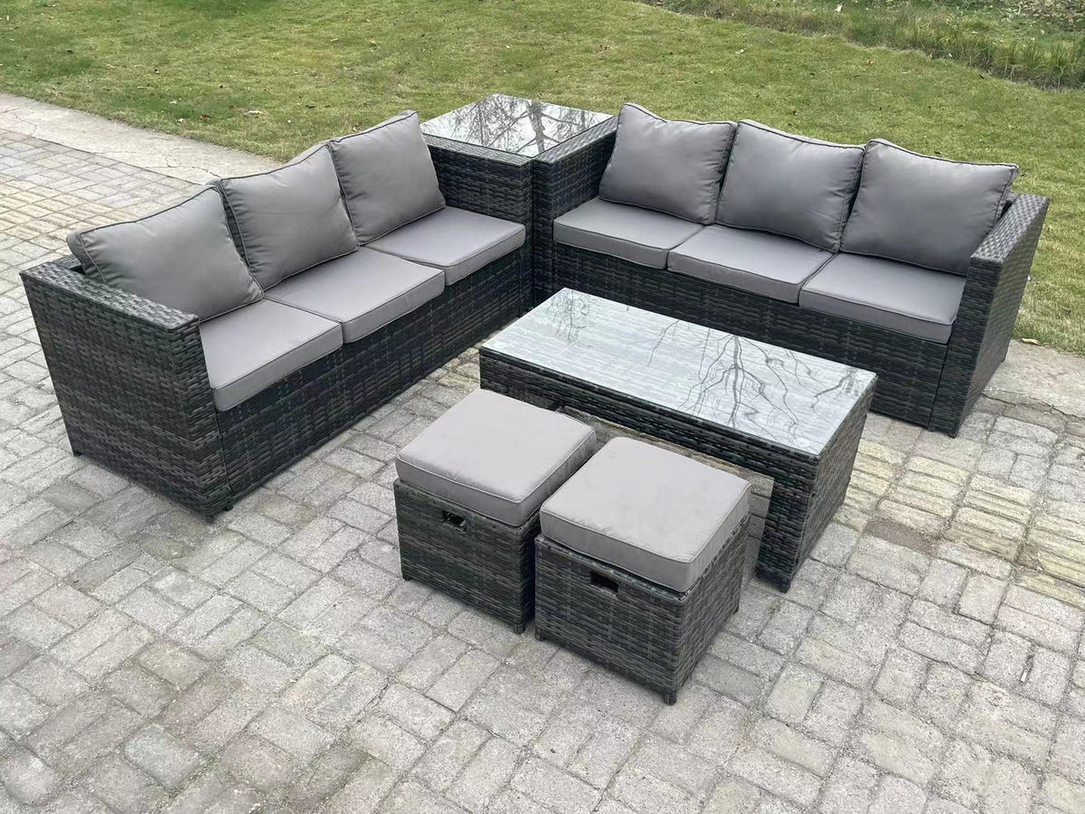 GARTENSET Polyrattan 8-Sitzer - Dunkelgrau/Grau, Glas/Kunststoff - Fimous