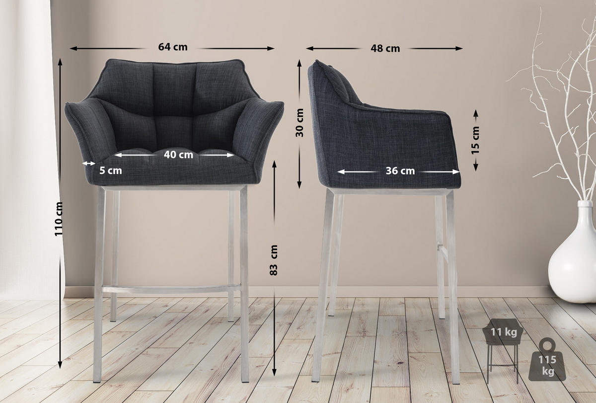 BARHOCKER 2er Set Stoff dunkelgrau - Edelstahlfarben/Dunkelgrau, Textil/Metall (64/110/48cm) - CLP