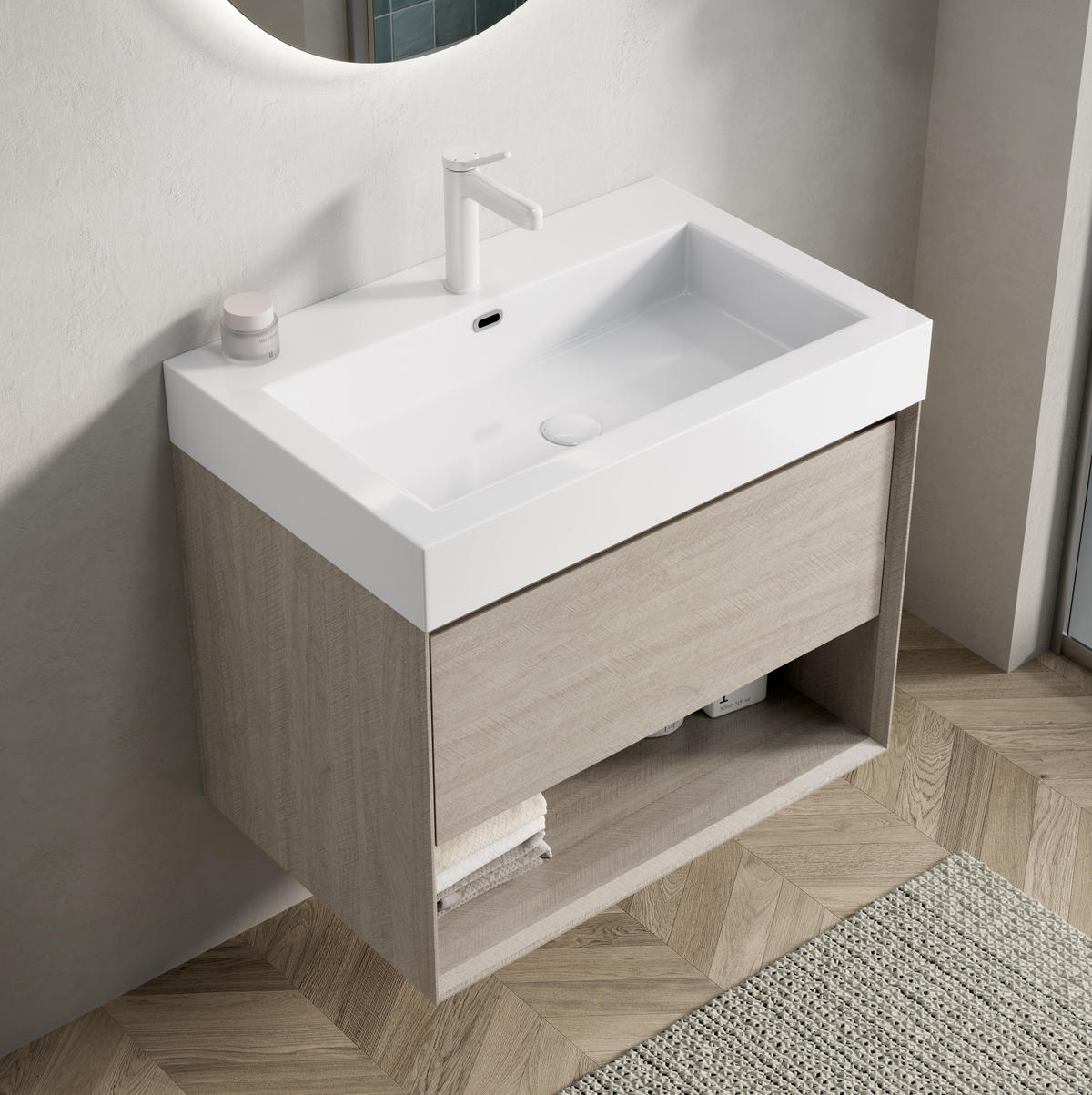 WASCHTISCHKOMBI 70 cm in Eiche mit Mineralwerkstoffbecken und Soft-Close-Schublade - Eichefarben, Kunststoff (70/60/46cm) - BEAOK